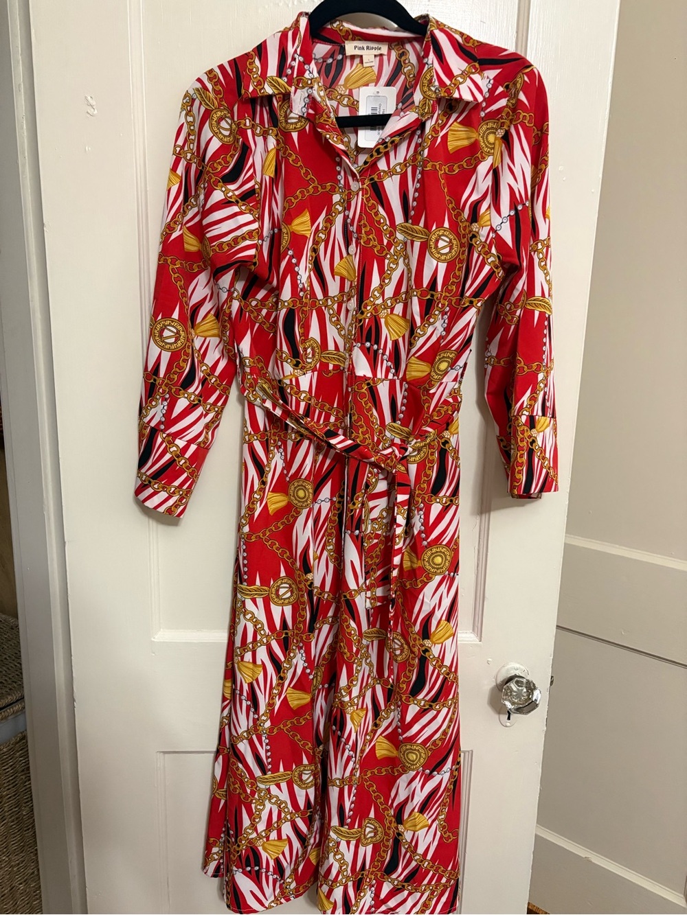 Red Chain-Print Long Sleeve Shirt Dress with Tie Waist